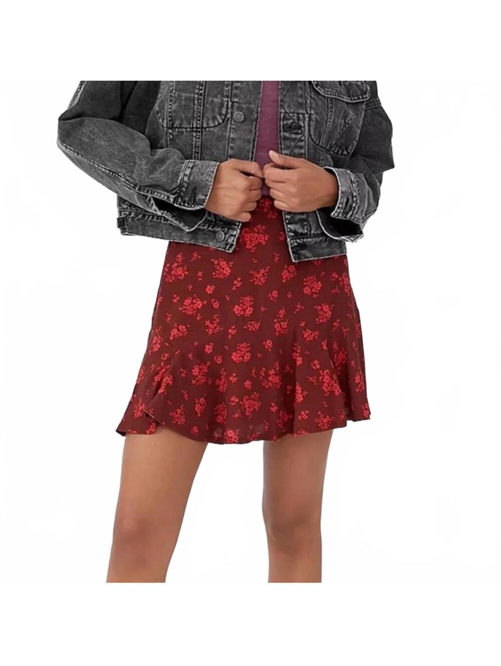 Free People Burgundy Ryanne Floral Ruffle Mini Skirt 8